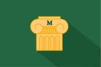 Gold icon of a Greek column with a Marywood M logo on a green background