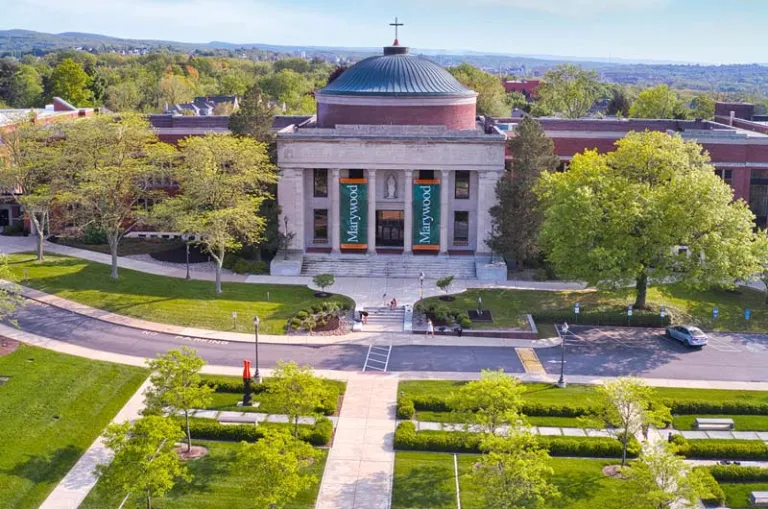 Aerial view of Marywood's campus and Liberal Arts Center