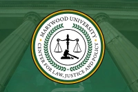 The logo for the Center for Law, Justice, and Policy is pictured against a green shaded backdrop of the stone columns of Marywood's Liberal Arts Center.