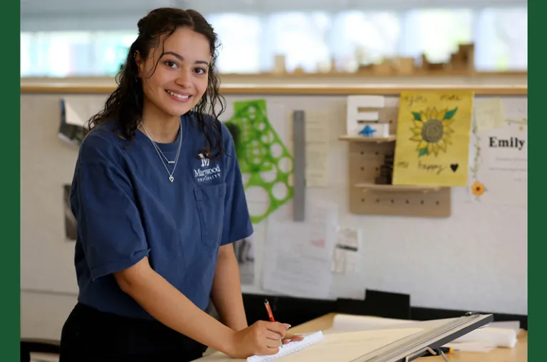 Current undergraduate architecture students, like Emily Festa '26, pictured at her desk in Marywood’s Center for Architectural Studies, would be eligible for advanced standing in Marywood’s newly established M.Arch program, which begins in Fall 2024.