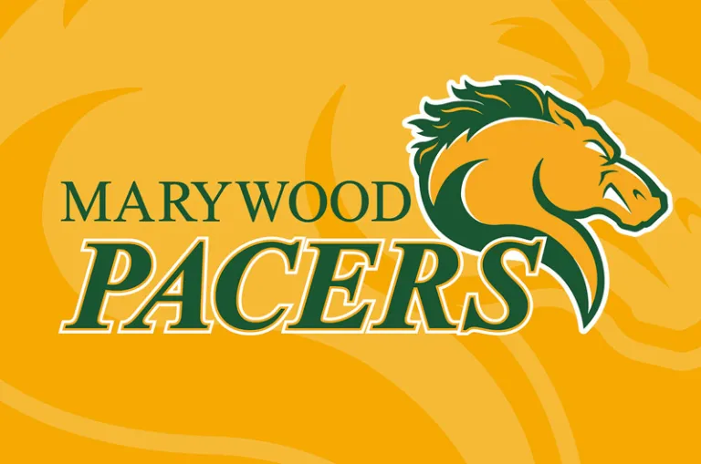 Marywood Pacers logo in gold and green with the Pacer Horse head silhouette.