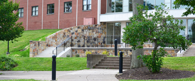 The front of Madonna hall and its surrounding plant-life