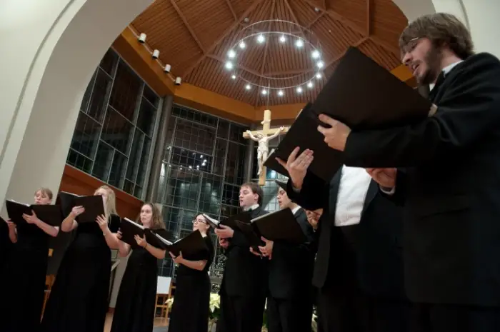 Marywood University's chamber singers gathered around to perform a song